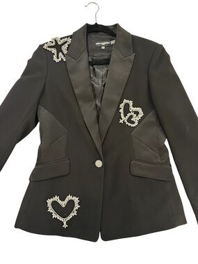 Karl Lagerfeld Black Satin-Trim Blazer with Crystal Heart Accents size 6